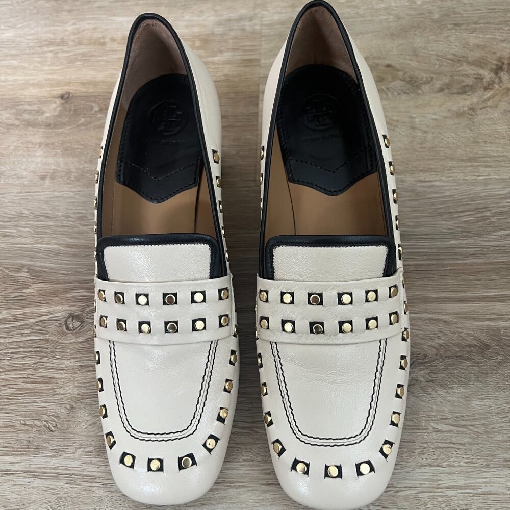 Tory Burch Cream 2 inch Loafers with Gold Studs - Size 8 (NWT)